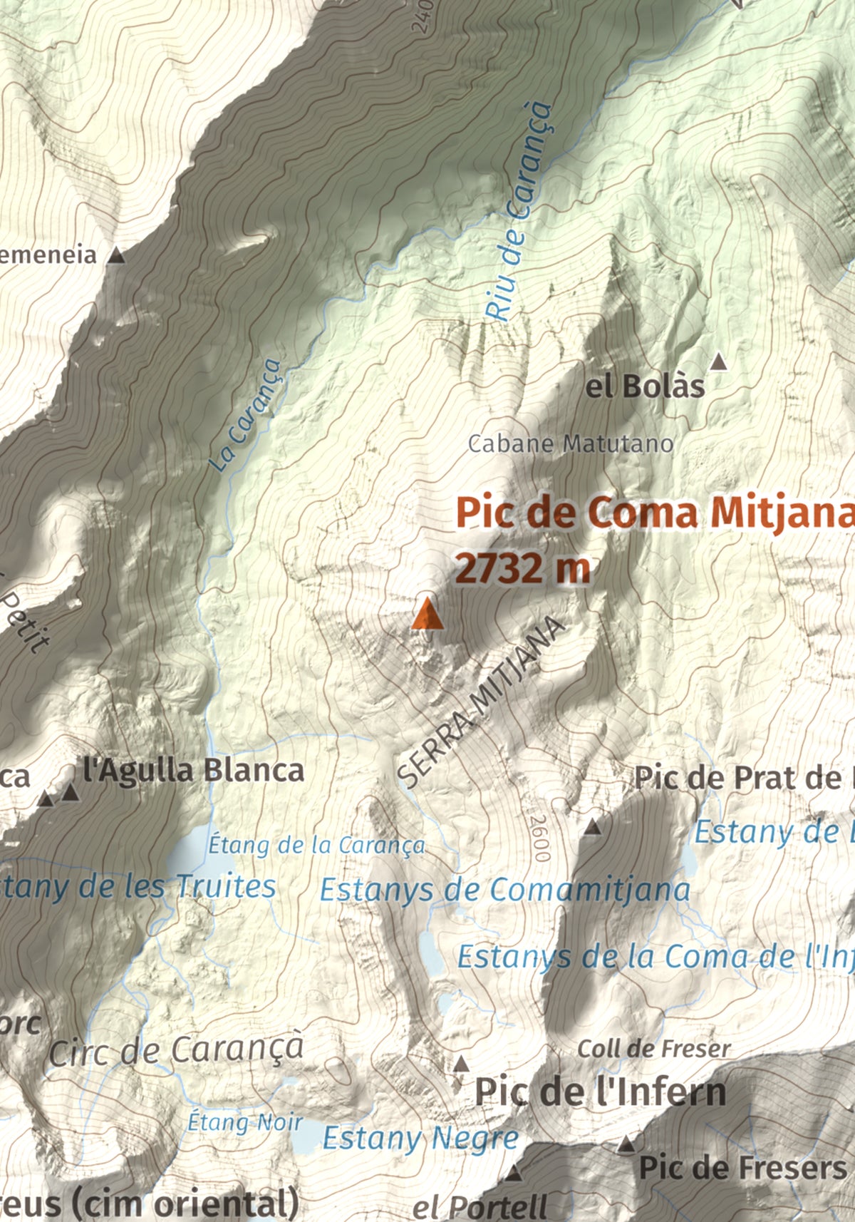 Mapa de relieve de Pic de Coma Mitjana, 2732 m, Conflent, lámina 100 Cims de Trobart. Detalle de la zona central. 21 × 30 cm.