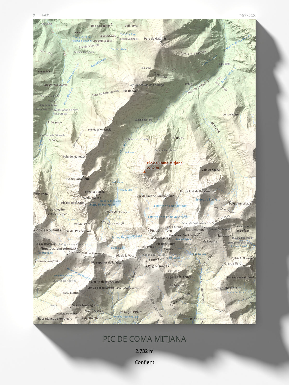 Mapa de relieve de Pic de Coma Mitjana, 2732 m, Conflent, lámina 100 Cims de Trobart 30 × 40 cm.