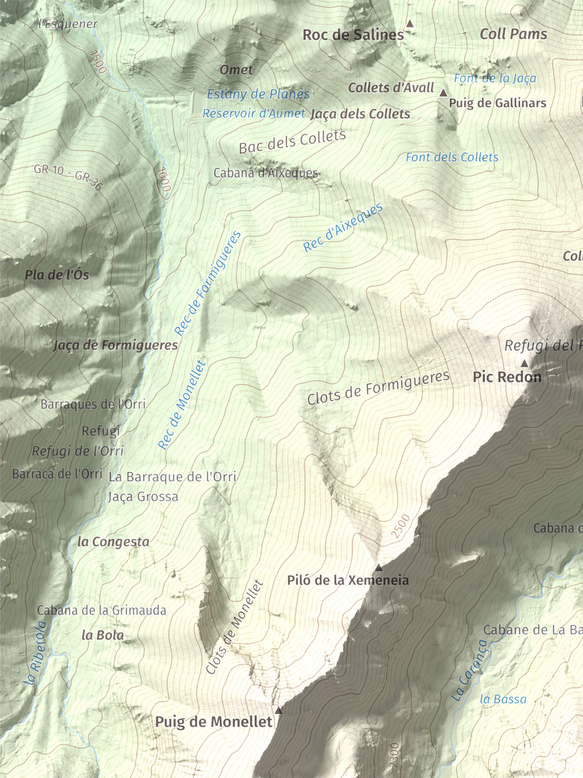 Mapa de relieve de Pic de Coma Mitjana, 2732 m, Conflent, lámina 100 Cims de Trobart. Detalle de la zona superior izquierda. 30 × 40 cm.