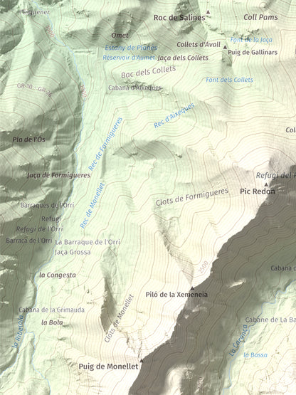 Mapa de relieve de Pic de Coma Mitjana, 2732 m, Conflent, lámina 100 Cims de Trobart. Detalle de la zona superior izquierda. 30 × 40 cm.