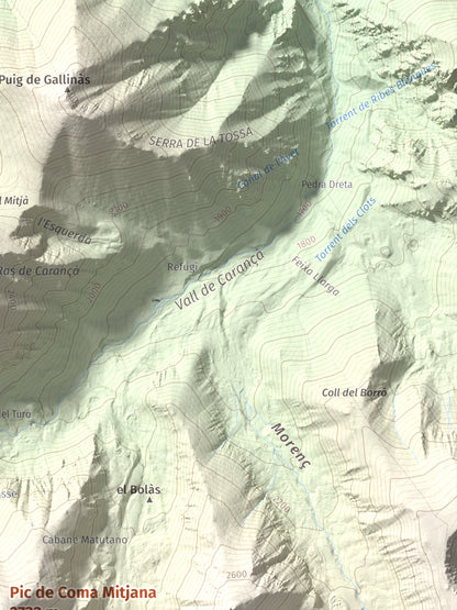 Mapa de relieve de Pic de Coma Mitjana, 2732 m, Conflent, lámina 100 Cims de Trobart. Detalle de la zona superior derecha. 30 × 40 cm.