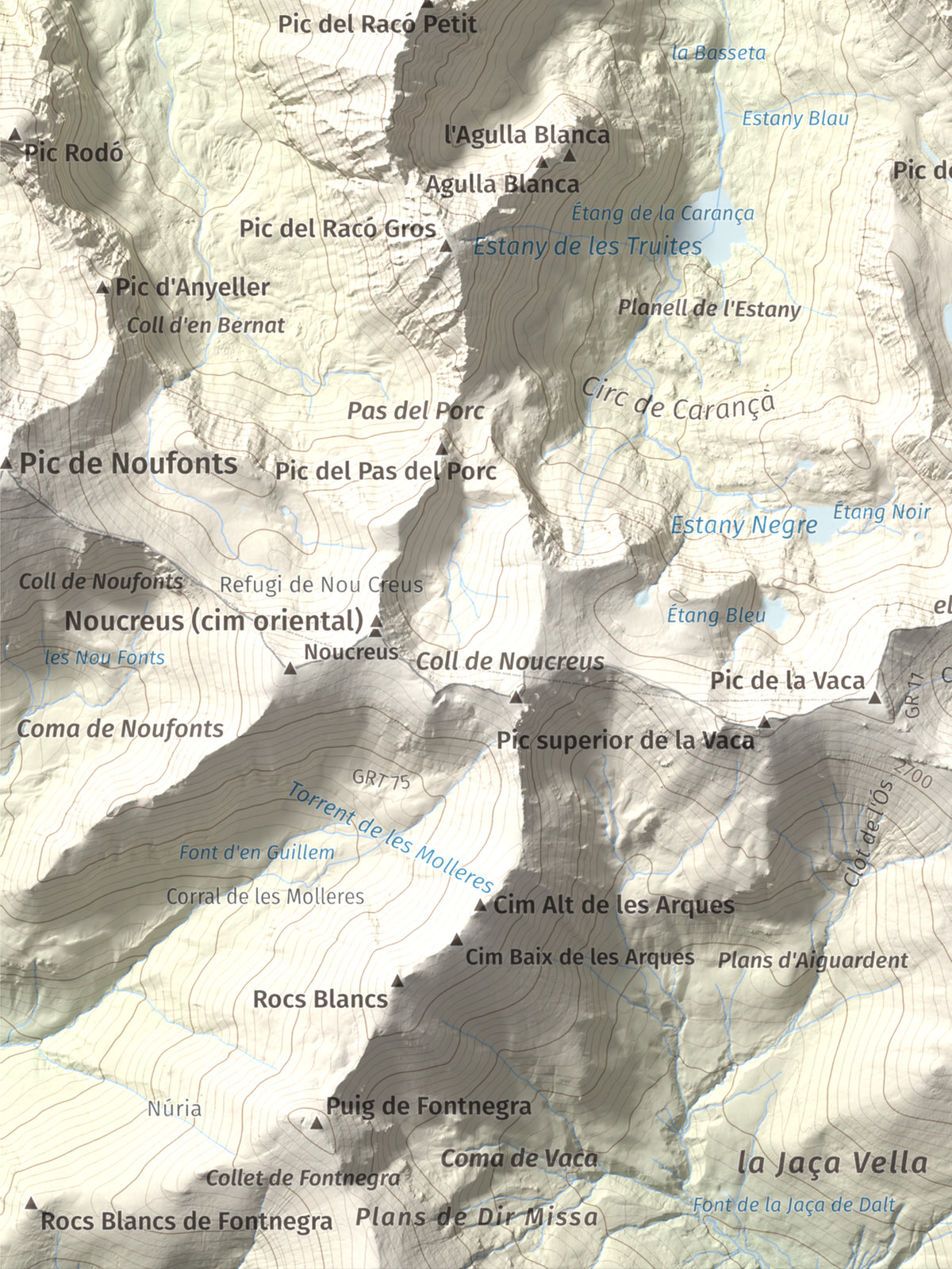 Mapa de relieve de Pic de Coma Mitjana, 2732 m, Conflent, lámina 100 Cims de Trobart. Detalle de la zona inferior izquierda. 30 × 40 cm.