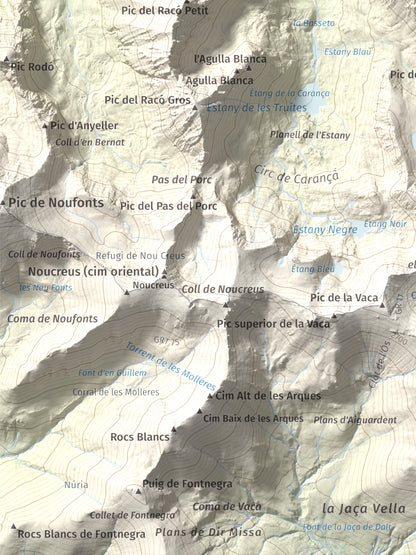 Mapa de relieve de Pic de Coma Mitjana, 2732 m, Conflent, lámina 100 Cims de Trobart. Detalle de la zona inferior izquierda. 30 × 40 cm.