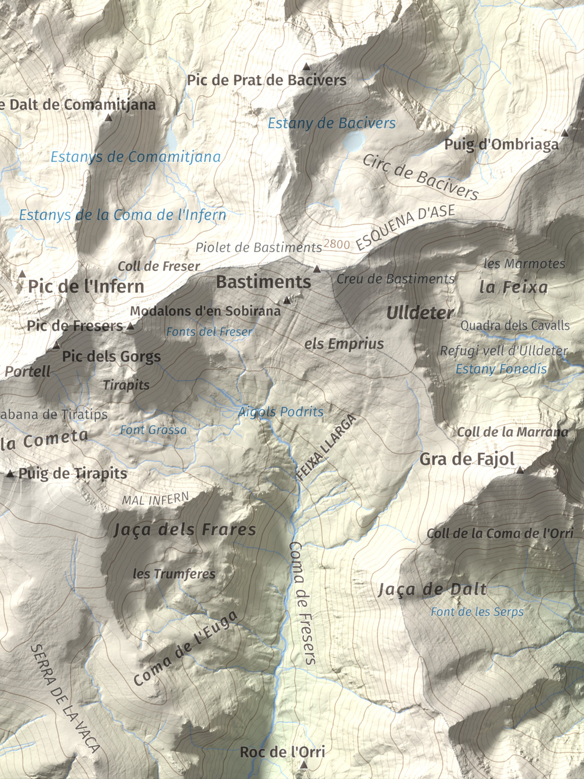 Mapa de relieve de Pic de Coma Mitjana, 2732 m, Conflent, lámina 100 Cims de Trobart. Detalle de la zona inferior derecha. 30 × 40 cm.