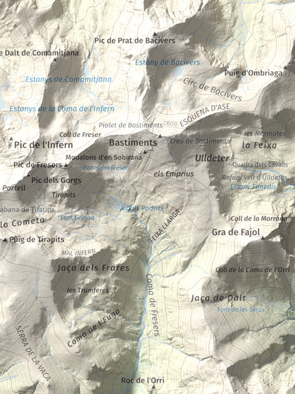 Mapa de relieve de Pic de Coma Mitjana, 2732 m, Conflent, lámina 100 Cims de Trobart. Detalle de la zona inferior derecha. 30 × 40 cm.