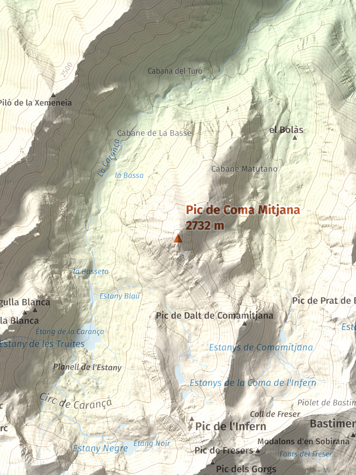 Mapa de relieve de Pic de Coma Mitjana, 2732 m, Conflent, lámina 100 Cims de Trobart. Detalle de la zona central. 30 × 40 cm.