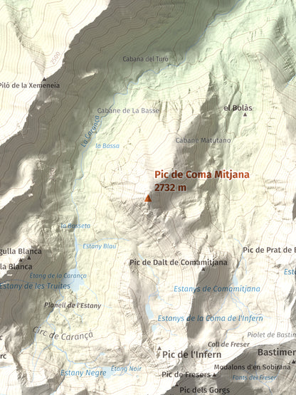 Mapa de relieve de Pic de Coma Mitjana, 2732 m, Conflent, lámina 100 Cims de Trobart. Detalle de la zona central. 30 × 40 cm.