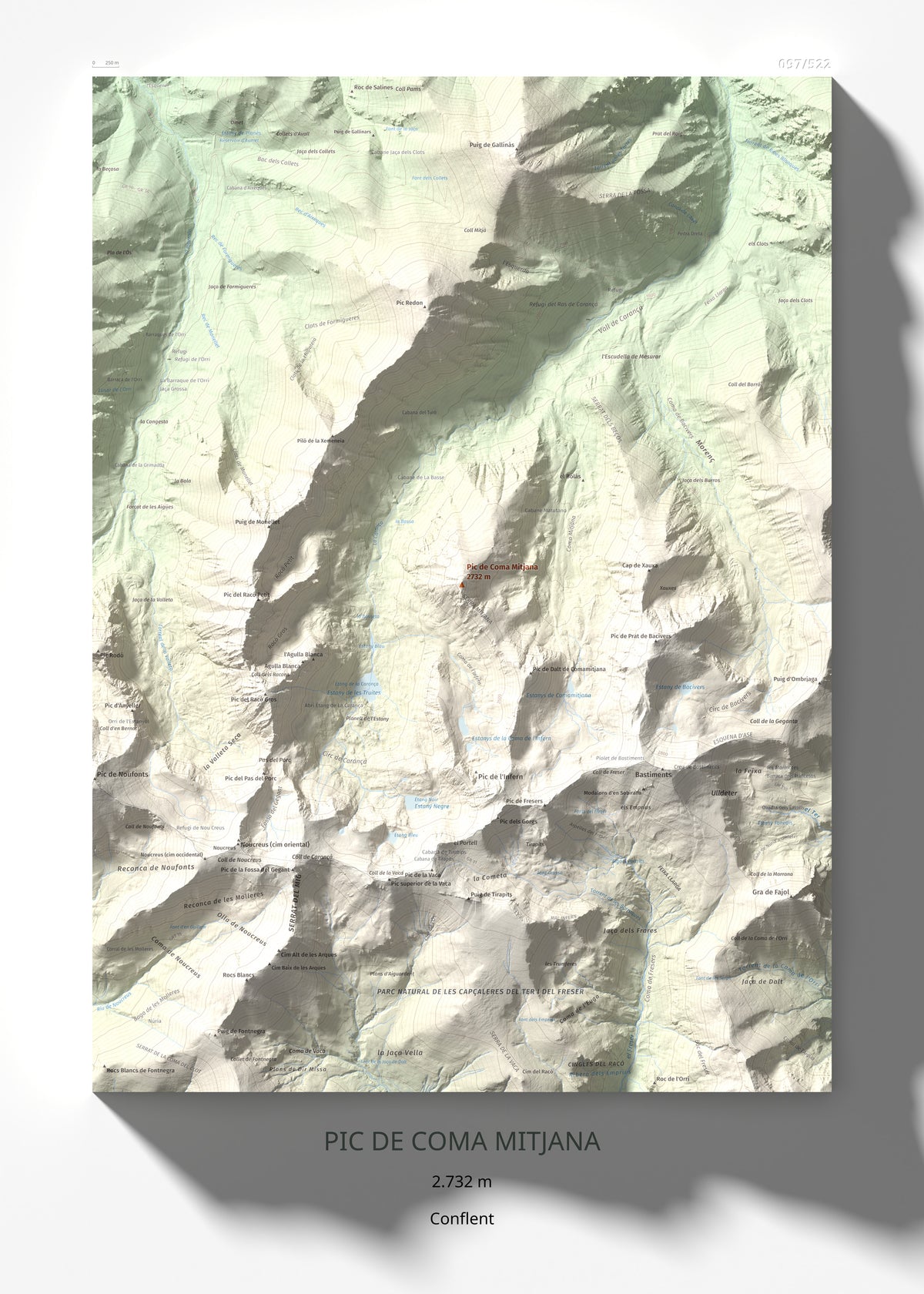 Mapa de relieve de Pic de Coma Mitjana, 2732 m, Conflent, lámina 100 Cims de Trobart 50 × 70 cm.