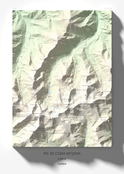 Mapa de relieve de Pic de Coma Mitjana, 2732 m, Conflent, lámina 100 Cims de Trobart 50 × 70 cm.