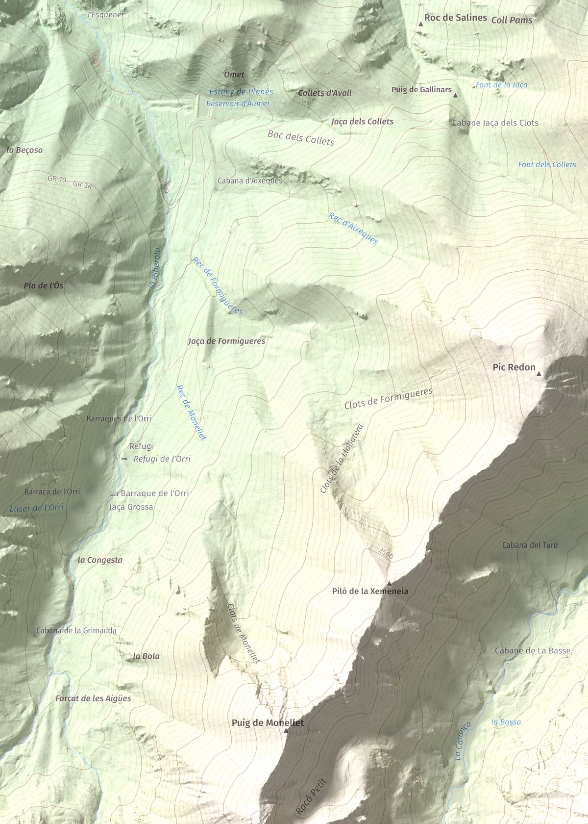 Mapa de relieve de Pic de Coma Mitjana, 2732 m, Conflent, lámina 100 Cims de Trobart. Detalle de la zona superior izquierda. 50 × 70 cm.
