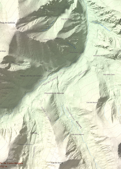 Mapa de relieve de Pic de Coma Mitjana, 2732 m, Conflent, lámina 100 Cims de Trobart. Detalle de la zona superior derecha. 50 × 70 cm.