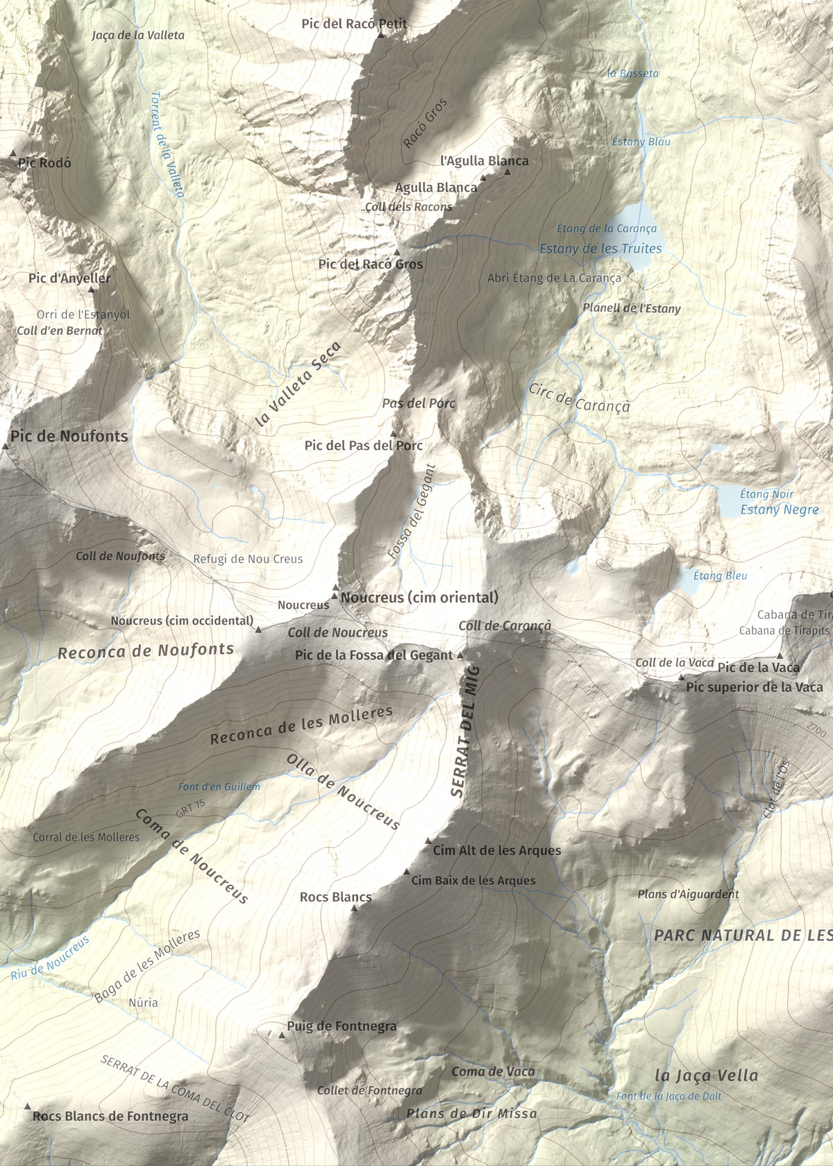 Mapa de relieve de Pic de Coma Mitjana, 2732 m, Conflent, lámina 100 Cims de Trobart. Detalle de la zona inferior izquierda. 50 × 70 cm.
