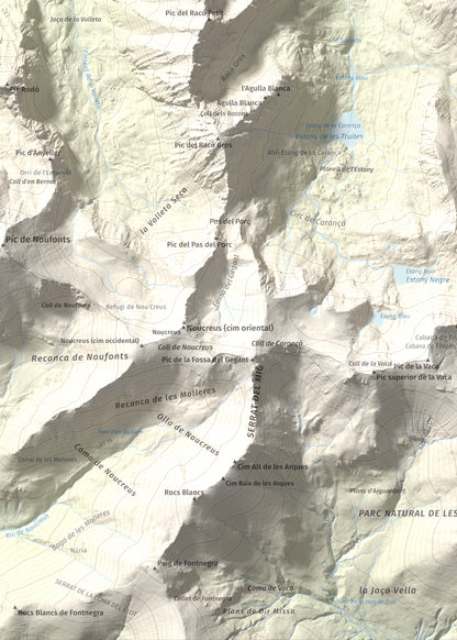 Mapa de relieve de Pic de Coma Mitjana, 2732 m, Conflent, lámina 100 Cims de Trobart. Detalle de la zona inferior izquierda. 50 × 70 cm.