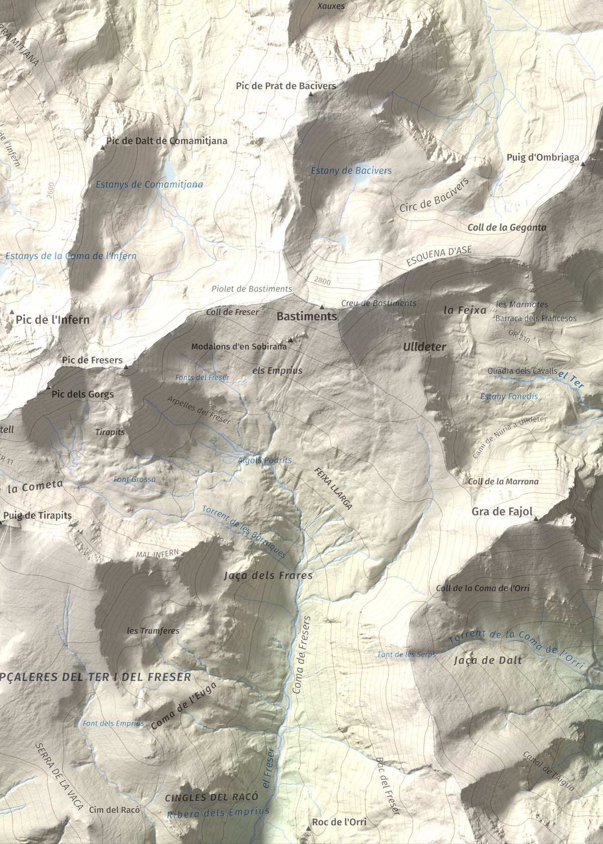 Mapa de relieve de Pic de Coma Mitjana, 2732 m, Conflent, lámina 100 Cims de Trobart. Detalle de la zona inferior derecha. 50 × 70 cm.