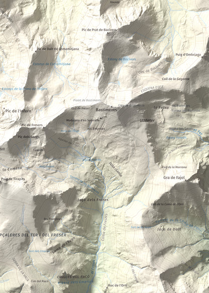 Mapa de relieve de Pic de Coma Mitjana, 2732 m, Conflent, lámina 100 Cims de Trobart. Detalle de la zona inferior derecha. 50 × 70 cm.