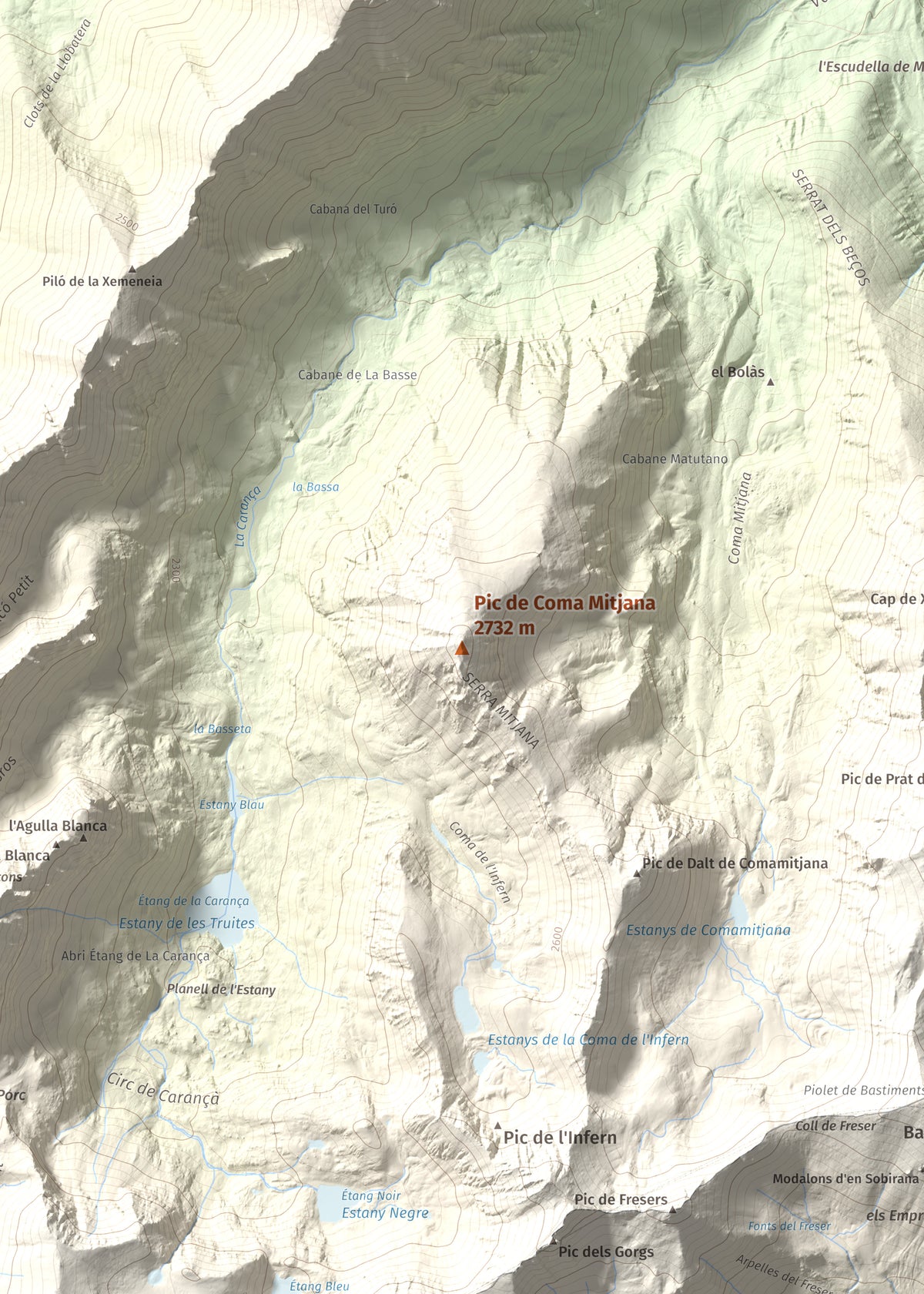 Mapa de relieve de Pic de Coma Mitjana, 2732 m, Conflent, lámina 100 Cims de Trobart. Detalle de la zona central. 50 × 70 cm.