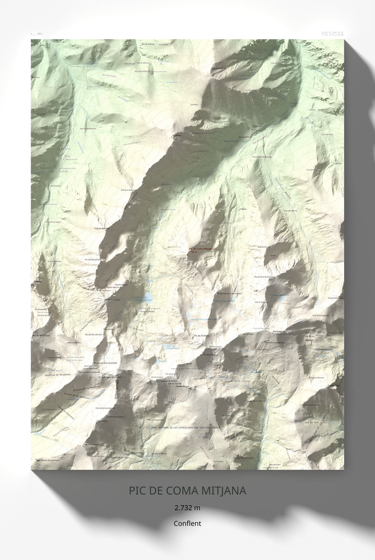 Mapa de relieve de Pic de Coma Mitjana, 2732 m, Conflent, lámina 100 Cims de Trobart 61 × 91 cm.