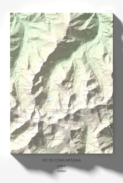 Mapa de relieve de Pic de Coma Mitjana, 2732 m, Conflent, lámina 100 Cims de Trobart 61 × 91 cm.