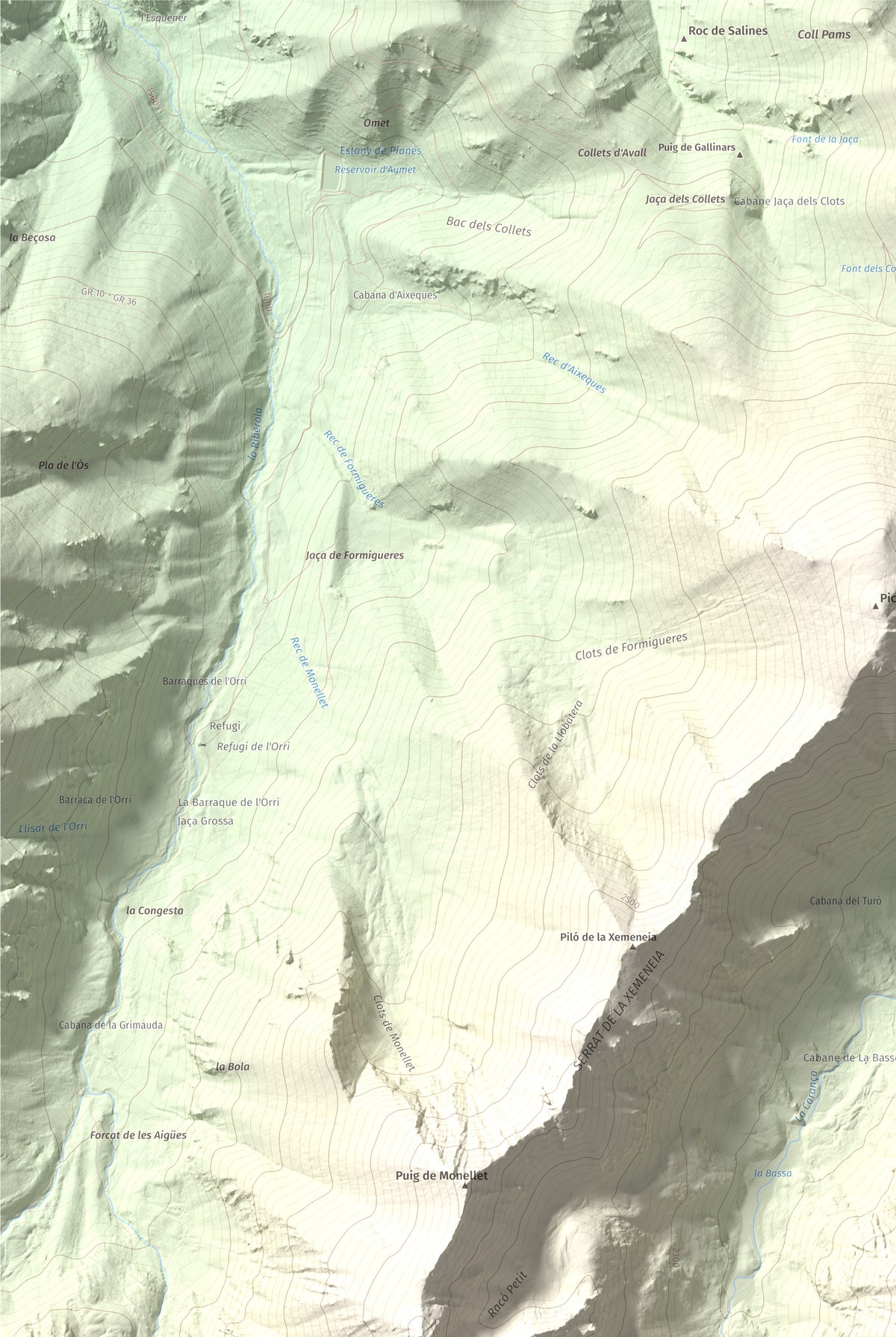 Mapa de relieve de Pic de Coma Mitjana, 2732 m, Conflent, lámina 100 Cims de Trobart. Detalle de la zona superior izquierda. 61 × 91 cm.