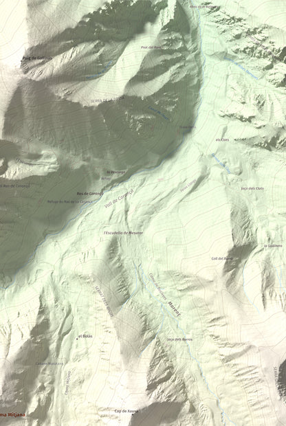 Mapa de relieve de Pic de Coma Mitjana, 2732 m, Conflent, lámina 100 Cims de Trobart. Detalle de la zona superior derecha. 61 × 91 cm.