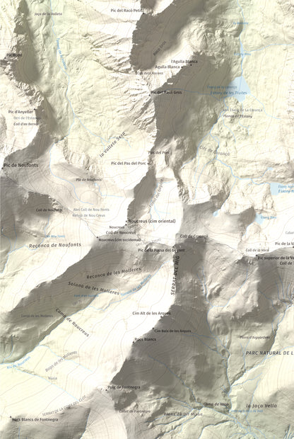 Mapa de relieve de Pic de Coma Mitjana, 2732 m, Conflent, lámina 100 Cims de Trobart. Detalle de la zona inferior izquierda. 61 × 91 cm.