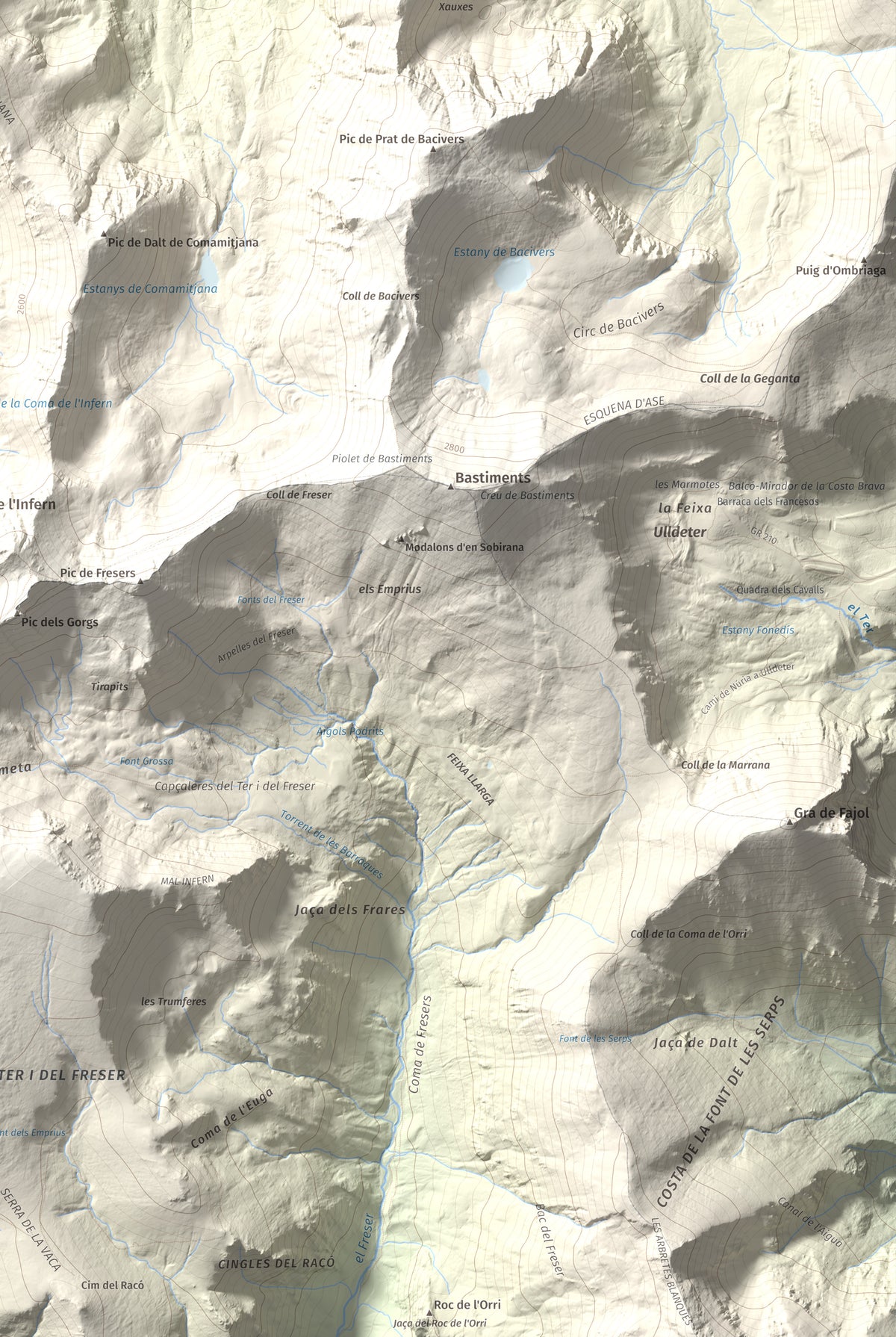 Mapa de relieve de Pic de Coma Mitjana, 2732 m, Conflent, lámina 100 Cims de Trobart. Detalle de la zona inferior derecha. 61 × 91 cm.