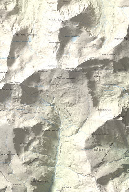 Mapa de relieve de Pic de Coma Mitjana, 2732 m, Conflent, lámina 100 Cims de Trobart. Detalle de la zona inferior derecha. 61 × 91 cm.
