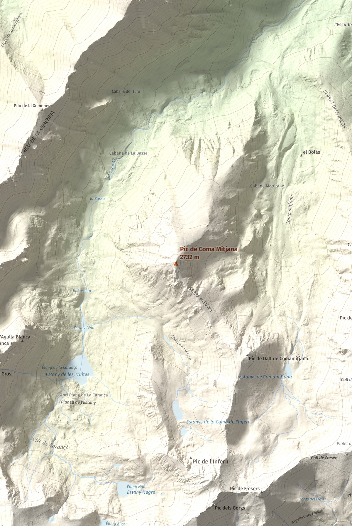 Mapa de relieve de Pic de Coma Mitjana, 2732 m, Conflent, lámina 100 Cims de Trobart. Detalle de la zona central. 61 × 91 cm.