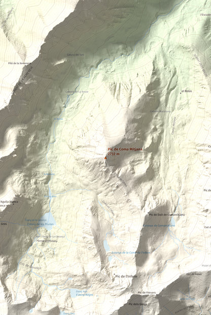 Mapa de relieve de Pic de Coma Mitjana, 2732 m, Conflent, lámina 100 Cims de Trobart. Detalle de la zona central. 61 × 91 cm.