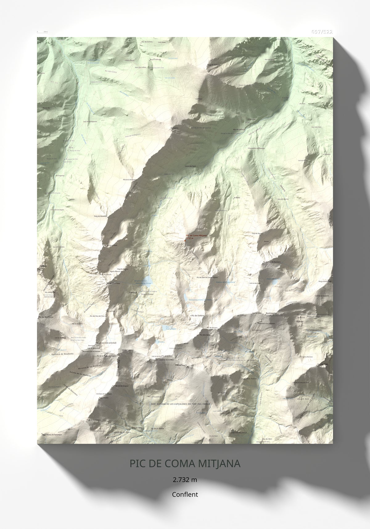 Mapa de relieve de Pic de Coma Mitjana, 2732 m, Conflent, lámina 100 Cims de Trobart 70 × 100 cm.