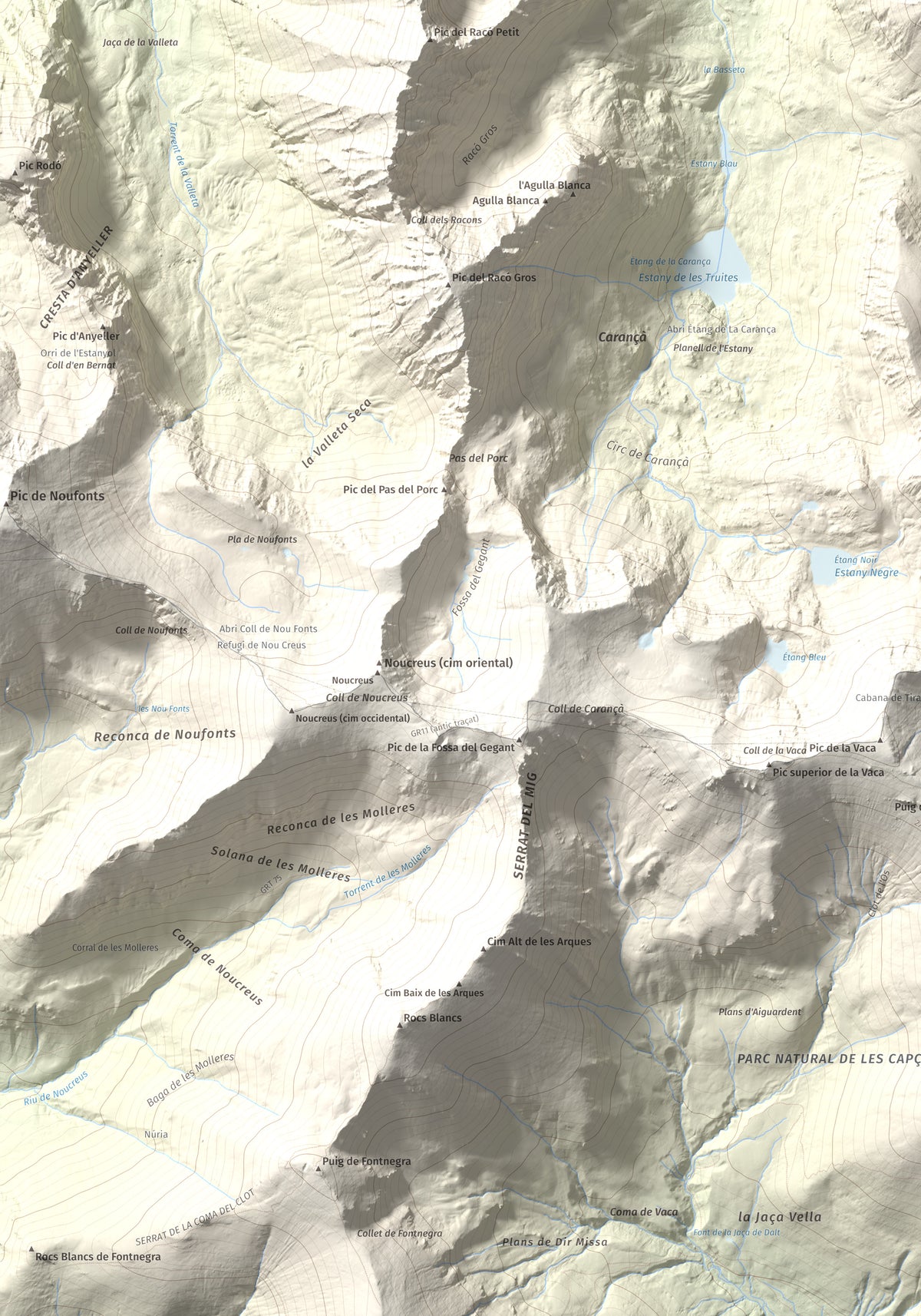 Mapa de relieve de Pic de Coma Mitjana, 2732 m, Conflent, lámina 100 Cims de Trobart. Detalle de la zona inferior izquierda. 70 × 100 cm.
