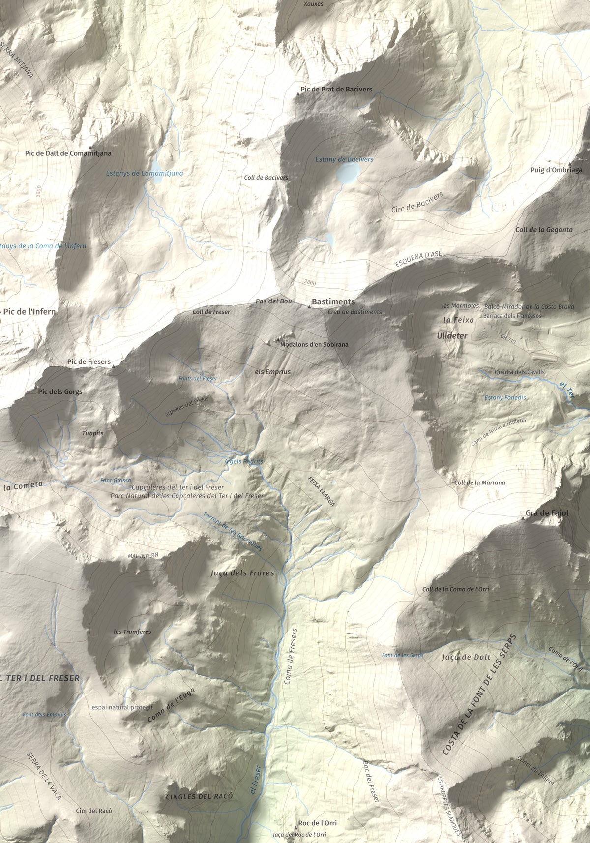Mapa de relieve de Pic de Coma Mitjana, 2732 m, Conflent, lámina 100 Cims de Trobart. Detalle de la zona inferior derecha. 70 × 100 cm.
