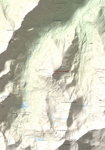 Mapa de relieve de Pic de Coma Mitjana, 2732 m, Conflent, lámina 100 Cims de Trobart. Detalle de la zona central. 70 × 100 cm.
