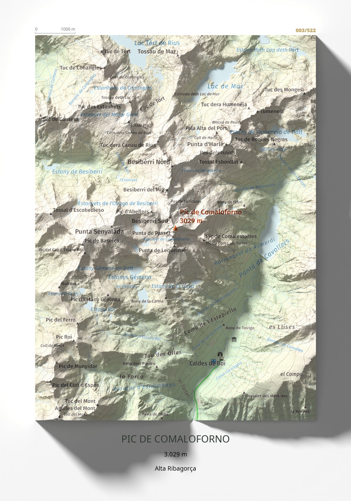 Mapa de relieve de Pic de Comaloforno, 3029 m, Alta Ribagorça, lámina 100 Cims de Trobart 21 × 30 cm.