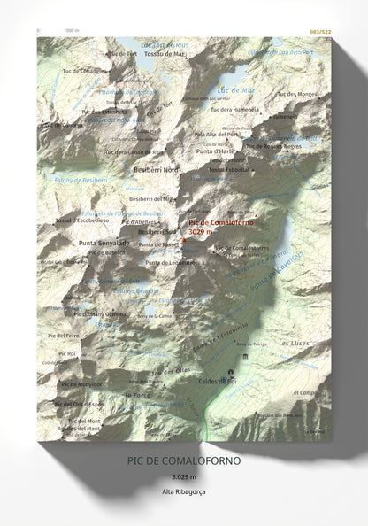 Mapa de relieve de Pic de Comaloforno, 3029 m, Alta Ribagorça, lámina 100 Cims de Trobart 21 × 30 cm.