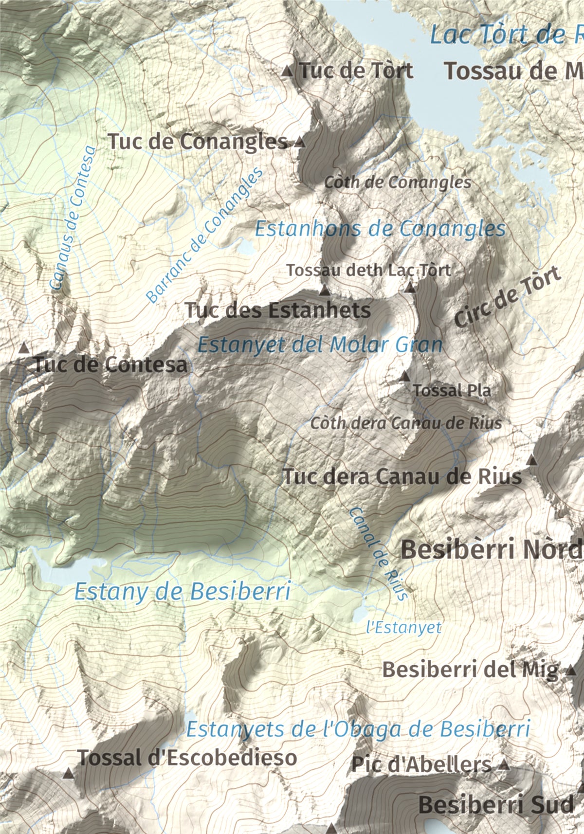 Mapa de relieve de Pic de Comaloforno, 3029 m, Alta Ribagorça, lámina 100 Cims de Trobart. Detalle de la zona superior izquierda. 21 × 30 cm.