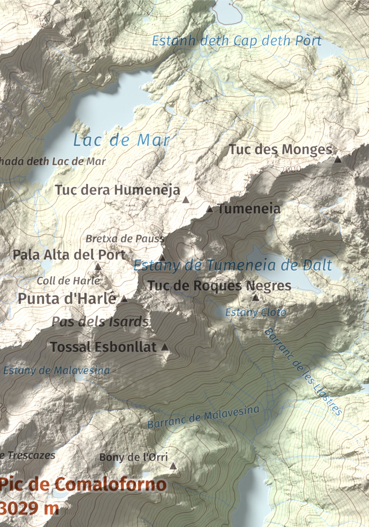 Mapa de relieve de Pic de Comaloforno, 3029 m, Alta Ribagorça, lámina 100 Cims de Trobart. Detalle de la zona superior derecha. 21 × 30 cm.