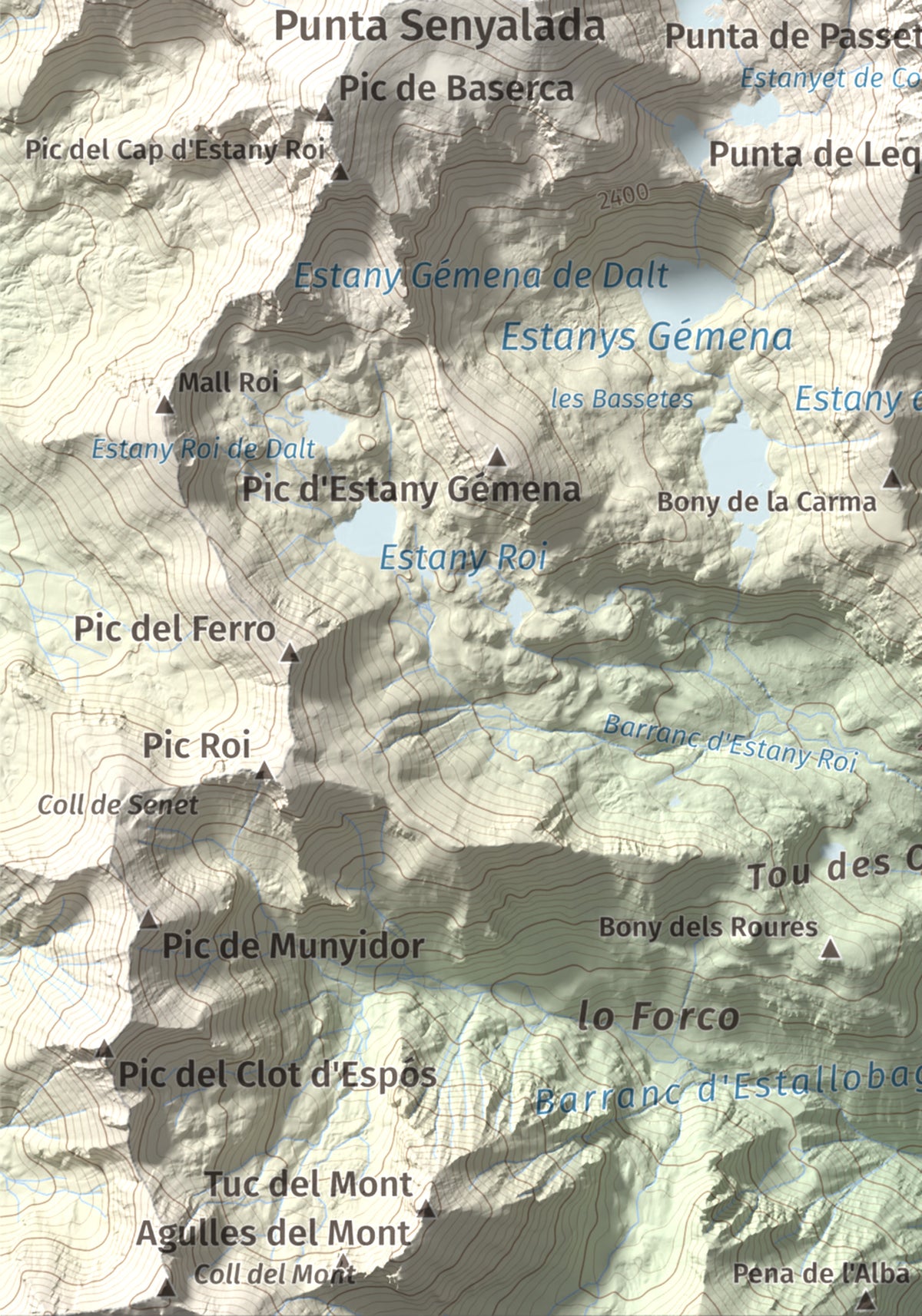 Mapa de relieve de Pic de Comaloforno, 3029 m, Alta Ribagorça, lámina 100 Cims de Trobart. Detalle de la zona inferior izquierda. 21 × 30 cm.