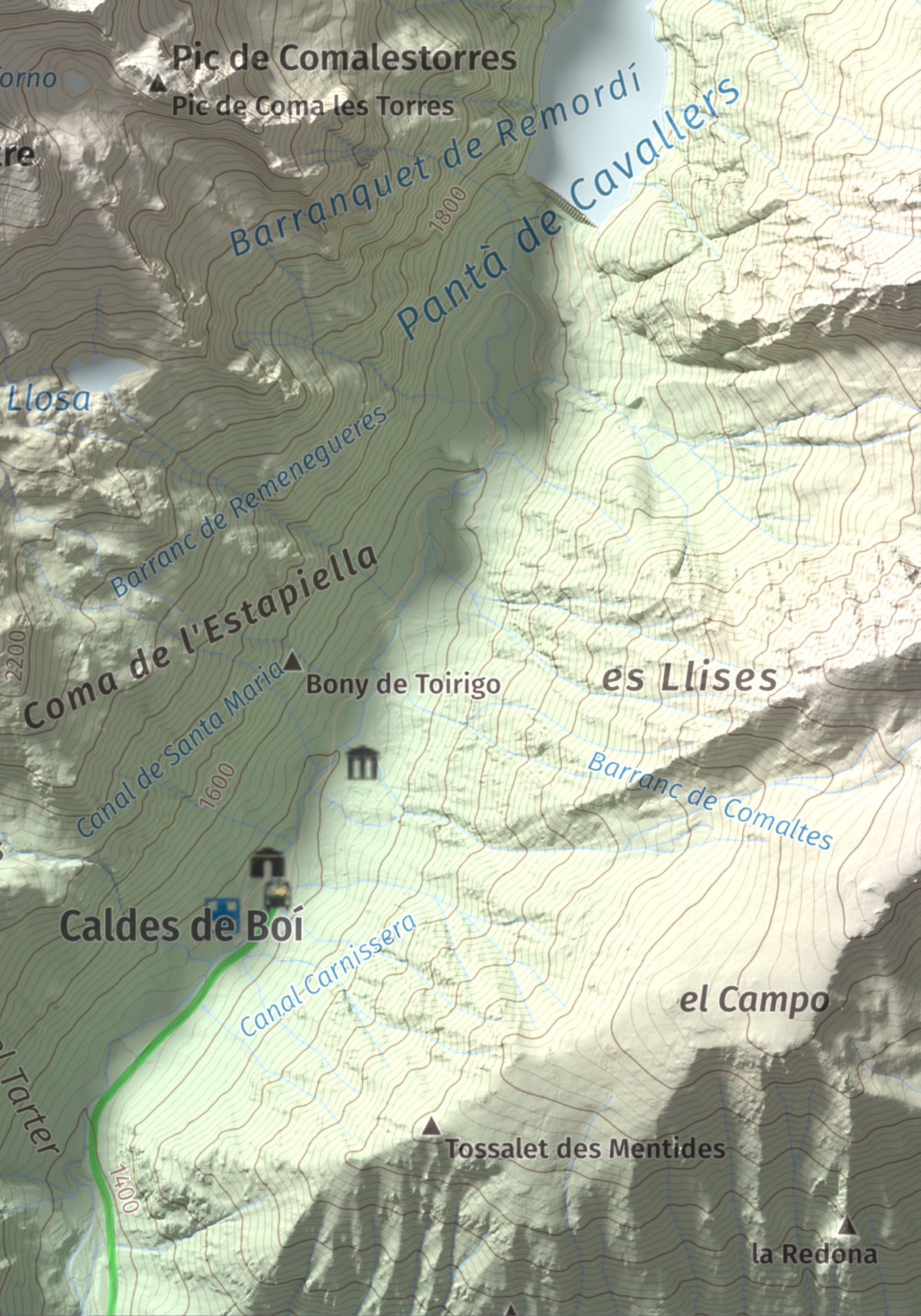 Mapa de relieve de Pic de Comaloforno, 3029 m, Alta Ribagorça, lámina 100 Cims de Trobart. Detalle de la zona inferior derecha. 21 × 30 cm.