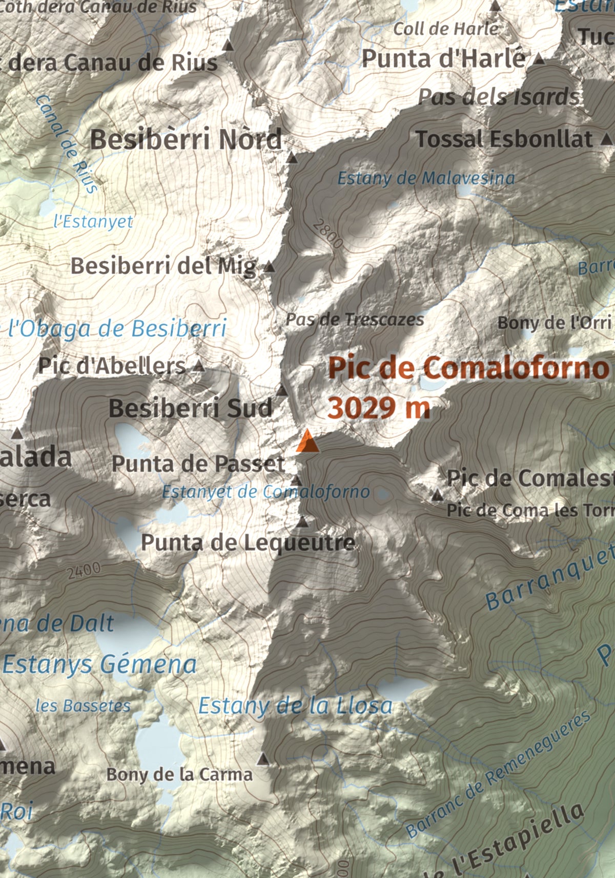 Mapa de relieve de Pic de Comaloforno, 3029 m, Alta Ribagorça, lámina 100 Cims de Trobart. Detalle de la zona central. 21 × 30 cm.