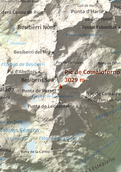 Mapa de relieve de Pic de Comaloforno, 3029 m, Alta Ribagorça, lámina 100 Cims de Trobart. Detalle de la zona central. 21 × 30 cm.