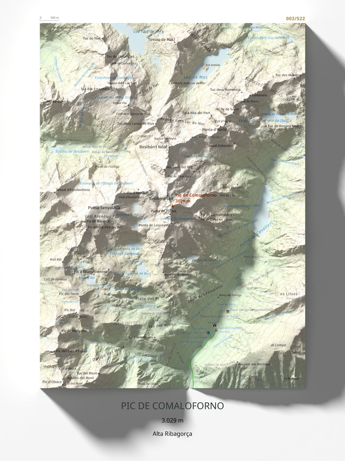 Mapa de relieve de Pic de Comaloforno, 3029 m, Alta Ribagorça, lámina 100 Cims de Trobart 30 × 40 cm.