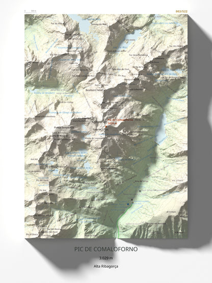 Mapa de relieve de Pic de Comaloforno, 3029 m, Alta Ribagorça, lámina 100 Cims de Trobart 30 × 40 cm.