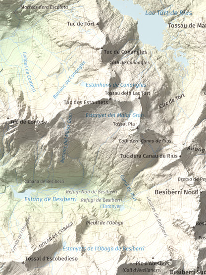 Mapa de relieve de Pic de Comaloforno, 3029 m, Alta Ribagorça, lámina 100 Cims de Trobart. Detalle de la zona superior izquierda. 30 × 40 cm.