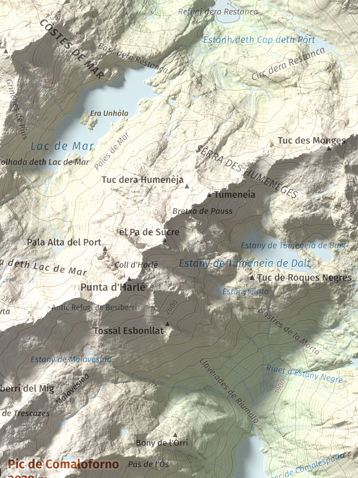 Mapa de relieve de Pic de Comaloforno, 3029 m, Alta Ribagorça, lámina 100 Cims de Trobart. Detalle de la zona superior derecha. 30 × 40 cm.