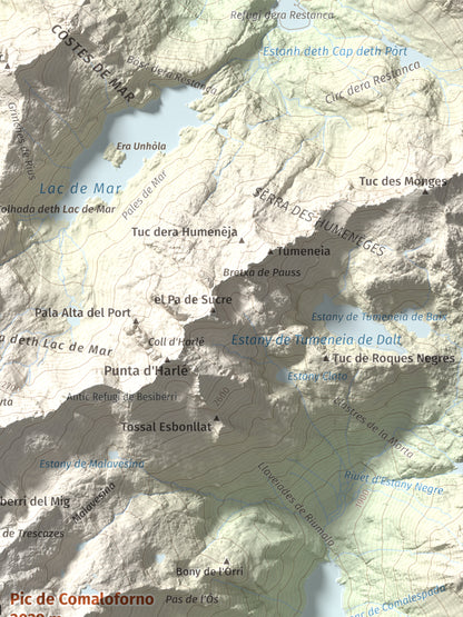 Mapa de relieve de Pic de Comaloforno, 3029 m, Alta Ribagorça, lámina 100 Cims de Trobart. Detalle de la zona superior derecha. 30 × 40 cm.
