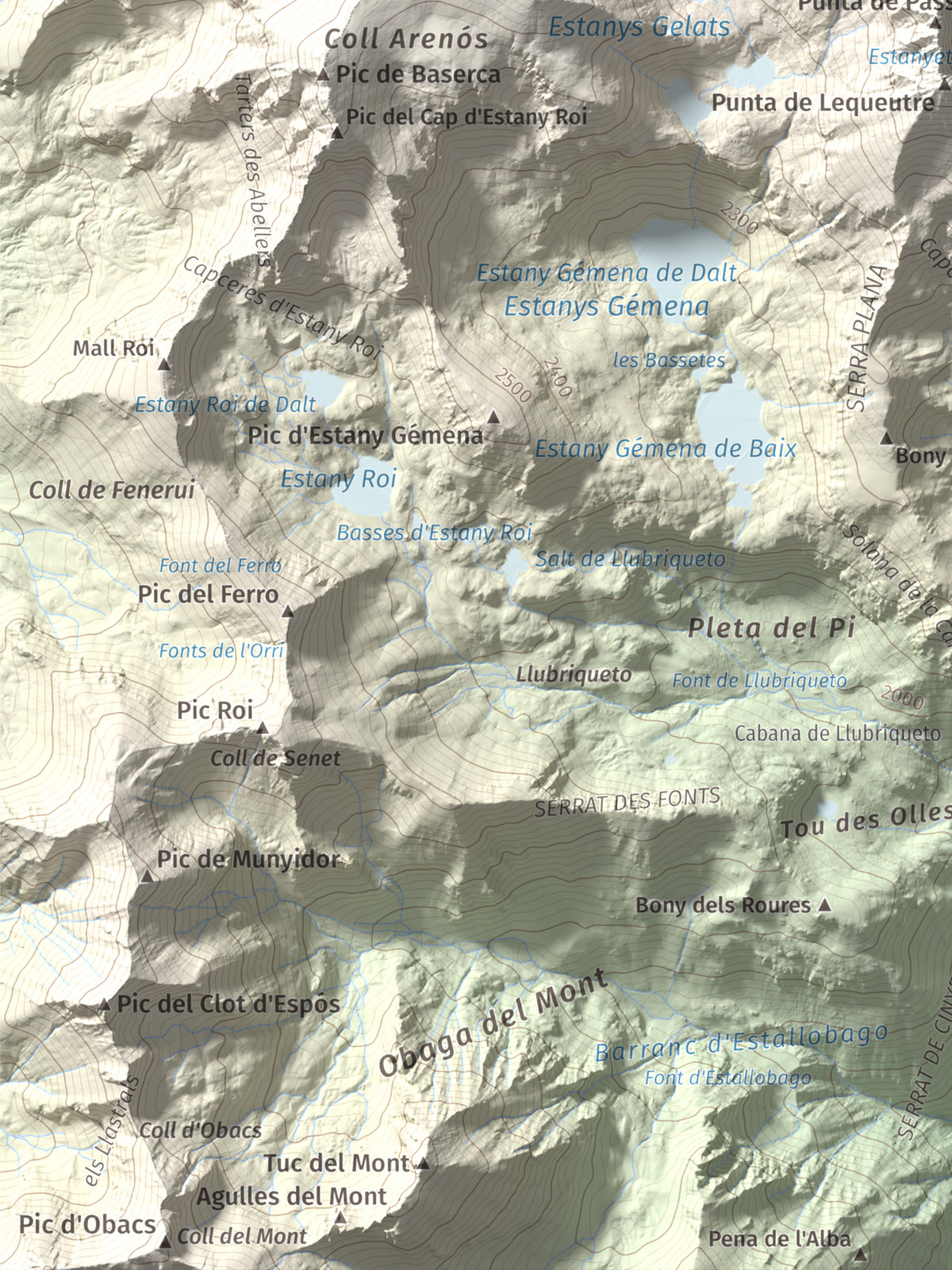 Mapa de relieve de Pic de Comaloforno, 3029 m, Alta Ribagorça, lámina 100 Cims de Trobart. Detalle de la zona inferior izquierda. 30 × 40 cm.