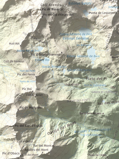 Mapa de relieve de Pic de Comaloforno, 3029 m, Alta Ribagorça, lámina 100 Cims de Trobart. Detalle de la zona inferior izquierda. 30 × 40 cm.