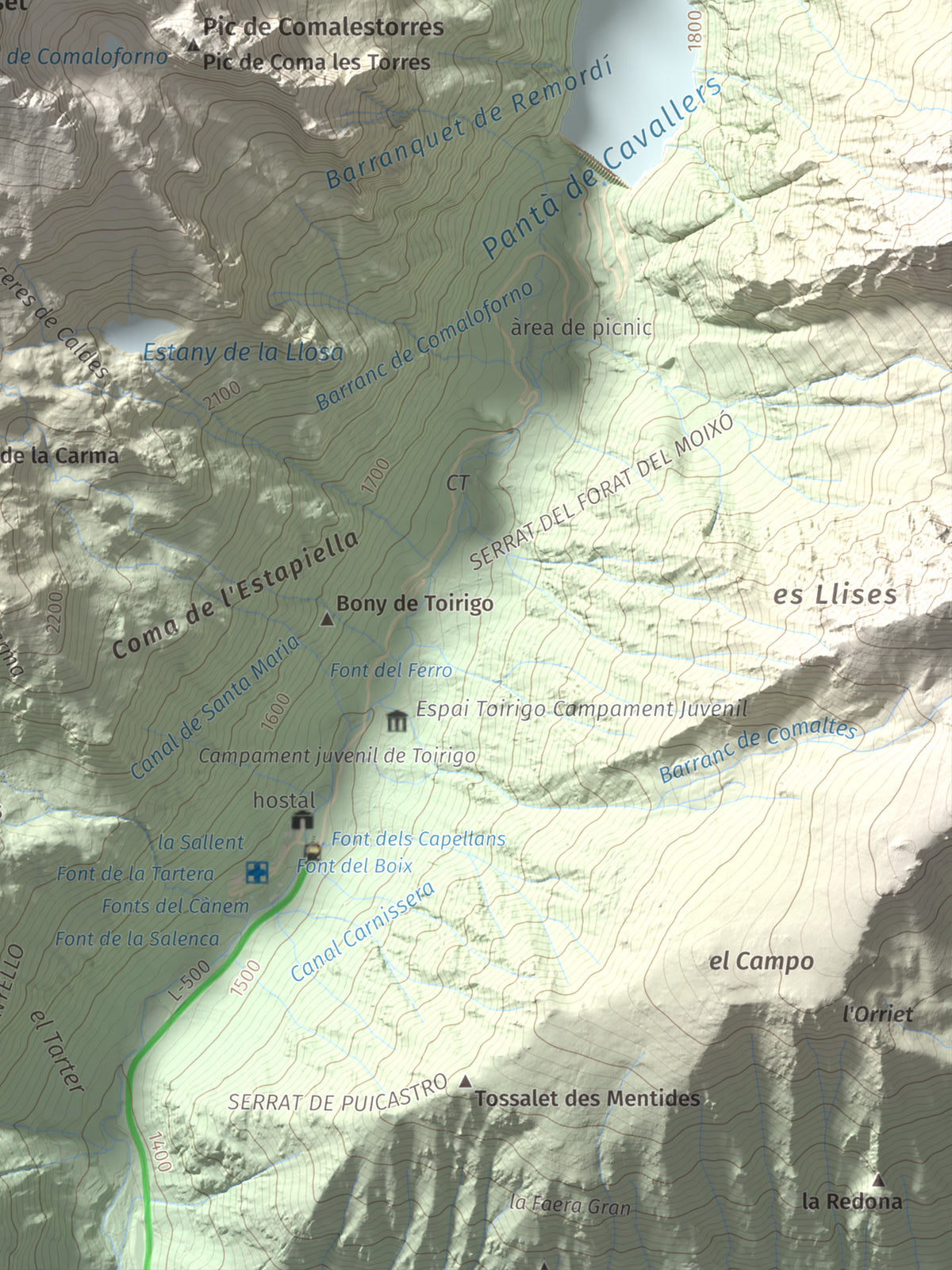 Mapa de relieve de Pic de Comaloforno, 3029 m, Alta Ribagorça, lámina 100 Cims de Trobart. Detalle de la zona inferior derecha. 30 × 40 cm.
