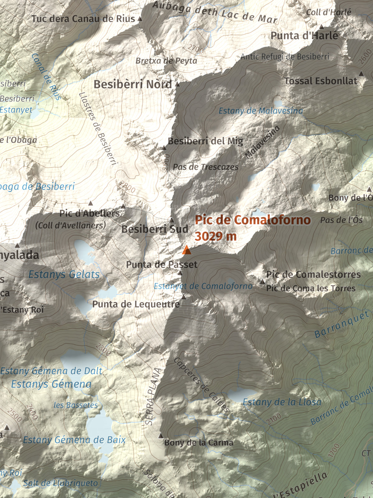 Mapa de relieve de Pic de Comaloforno, 3029 m, Alta Ribagorça, lámina 100 Cims de Trobart. Detalle de la zona central. 30 × 40 cm.